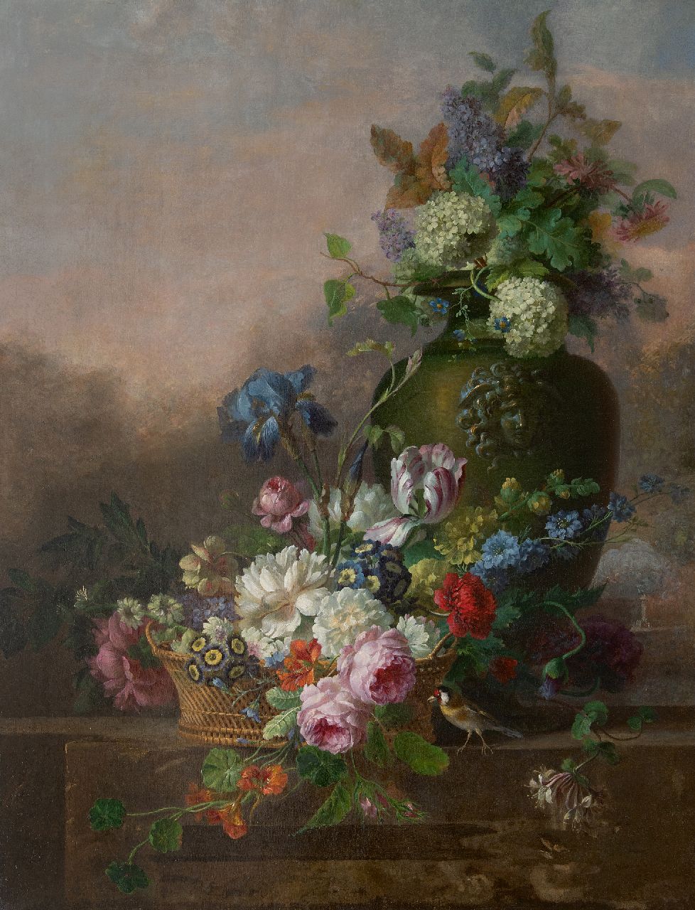 Leen W. van | Willem van Leen, Bloemstilleven met rozen, tulp, iris en andere bloemen, olieverf op doek 116,2 x 90,8 cm, gesigneerd met resten van signatuur