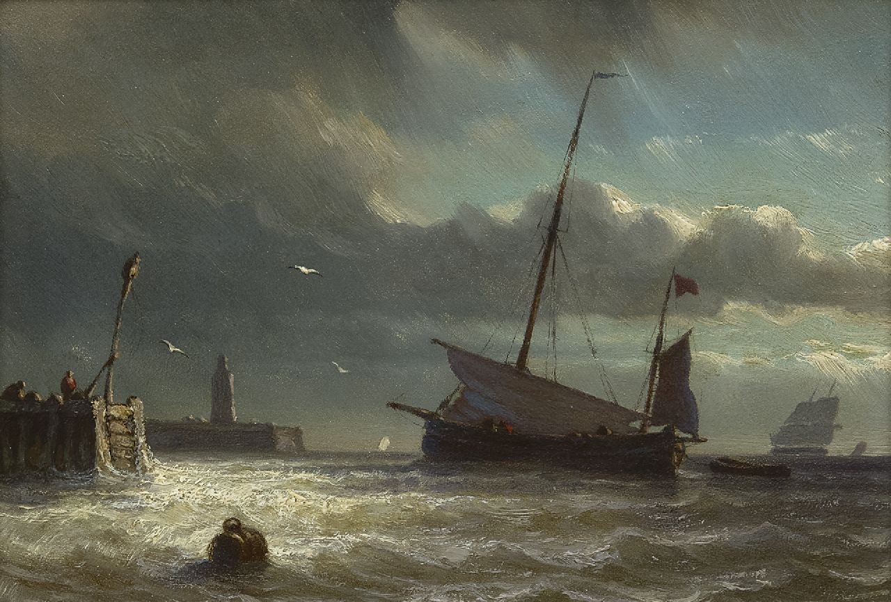 George Johannes Hoffmann | Vissersschip voor een haveningang, olieverf op paneel, 12,9 x 18,6 cm