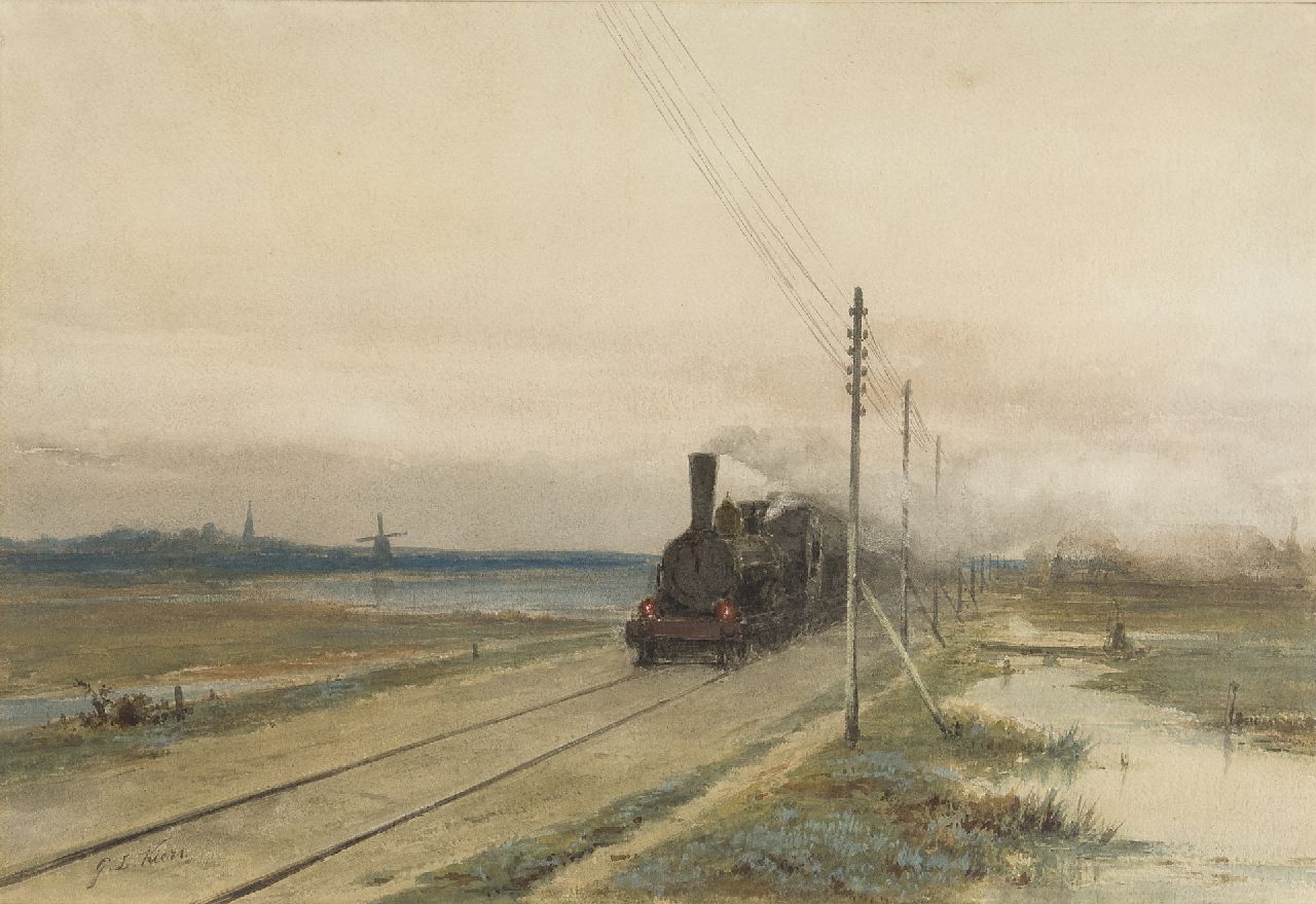 Kiers G.L.  | George Lourens Kiers, Naderende trein in landschap, aquarel op papier 44,5 x 65,1 cm, gesigneerd linksonder