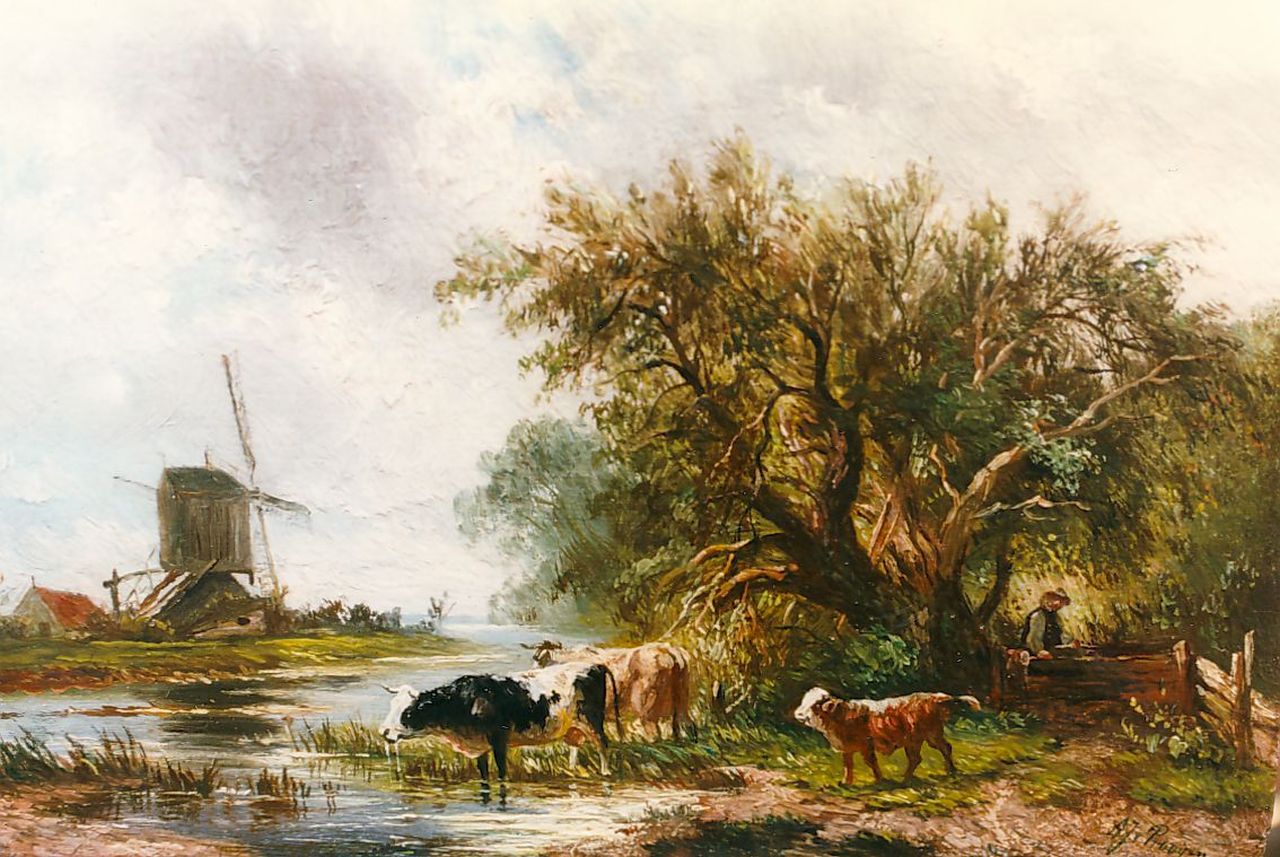 Prooijen A.J. van | Albert Jurardus van Prooijen, Rivierlandschap met koeien bij een molen, olieverf op paneel 13,5 x 20,2 cm, gesigneerd rechtsonder