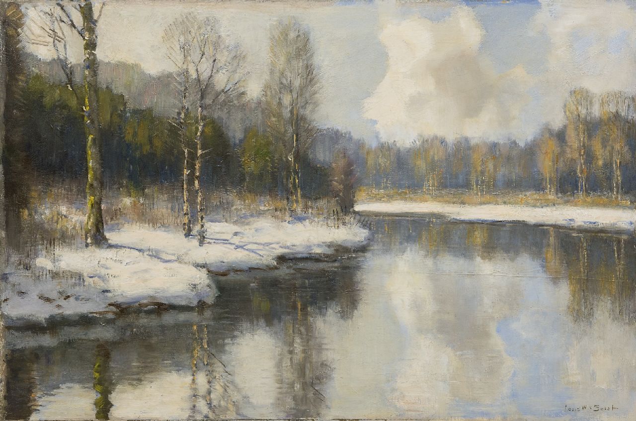 Soest L.W. van | 'Louis' Willem van Soest | Schilderijen te koop aangeboden | Bosvijver in de sneeuw, olieverf op doek 40,0 x 60,0 cm, gesigneerd rechtsonder