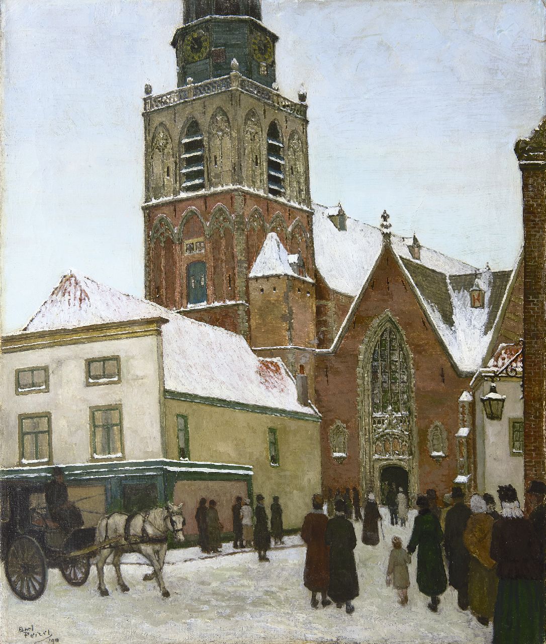 Peizel B.  | Bartele 'Bart' Peizel, Kerkgang in de sneeuw (St. Janskerk, Gouda), olieverf op doek 60,1 x 50,2 cm, gesigneerd linksonder en verso en gedateerd '40