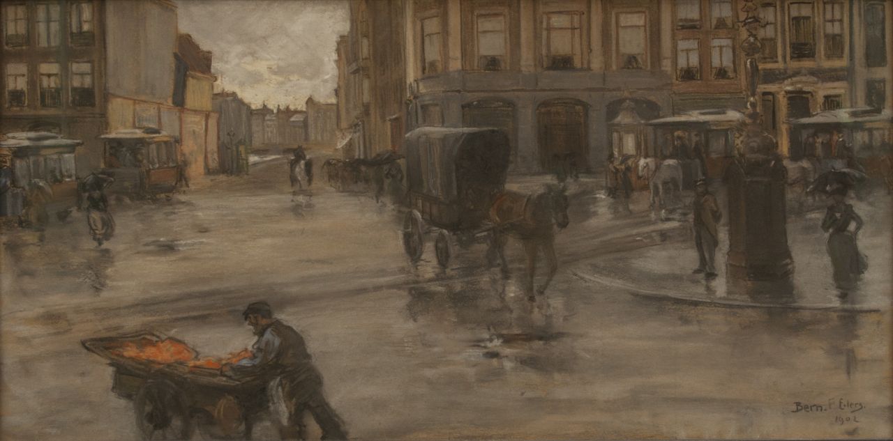 Bernard Eilers | Een gure dag op de Dam in Amsterdam, pastel op papier, 29,0 x 56,9 cm, gesigneerd r.o. en gedat. 1902