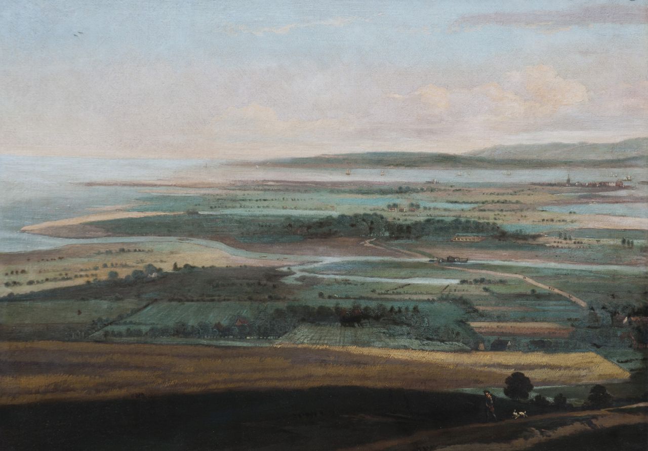 Haagen J.C. van der | Joris Cornelisz. van der Haagen, Panoramisch landschap met zee op achtergrond, vermoedelijk Falmouth (Zuid-Engeland), olieverf op doek 55,1 x 75,5 cm
