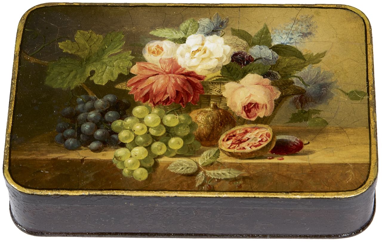 Bloemers A.  | Arnoldus Bloemers | Schilderijen te koop aangeboden | Doosje beschilderd met bloemen en vruchten, olieverf op blik 9,3 x 14,0 cm, te dateren ca. 1833