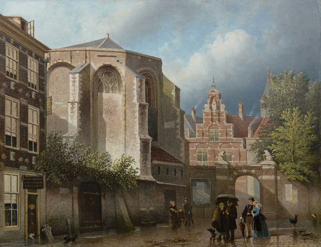Bles J.  | Joseph Bles | Schilderijen te koop aangeboden | Regen en zonneschijn op een kerkplein, olieverf op paneel 51,9 x 67,9 cm, gesigneerd linksonder