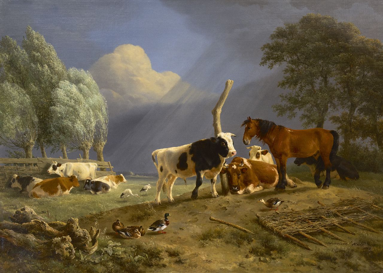Ronner-Knip H.  | Henriette Ronner-Knip, Weidelandschap met paard en rundvee bij opkomende storm, olieverf op doek 75,9 x 104,6 cm, gesigneerd rechtsonder en gedateerd 1842