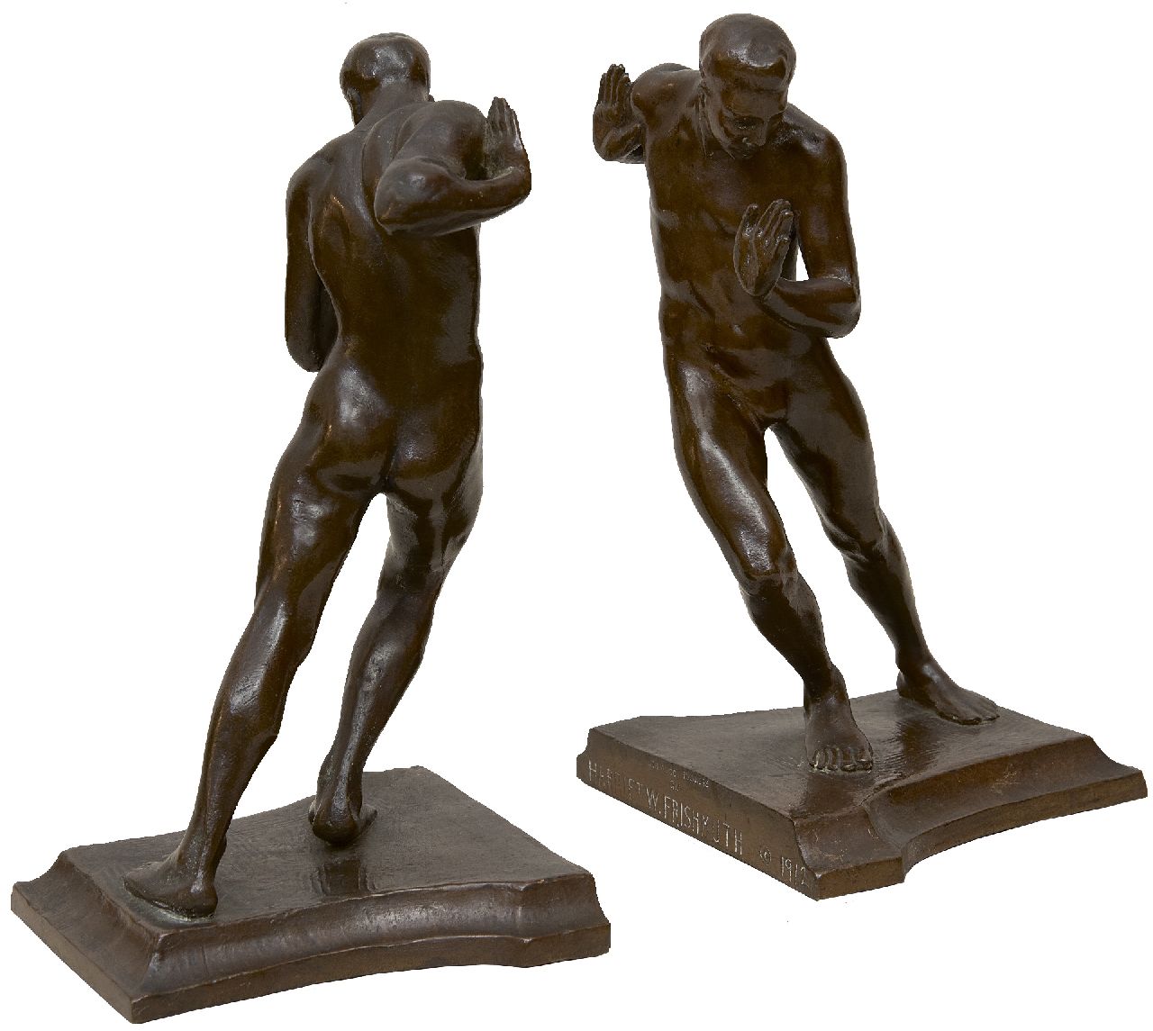 Harriet Withney Frishmuth | Duwende mannen, bruin gepatineerd brons, 19,7 x 11,0 cm, gesigneerd op zijkant basis en gedateerd op de basis 1912