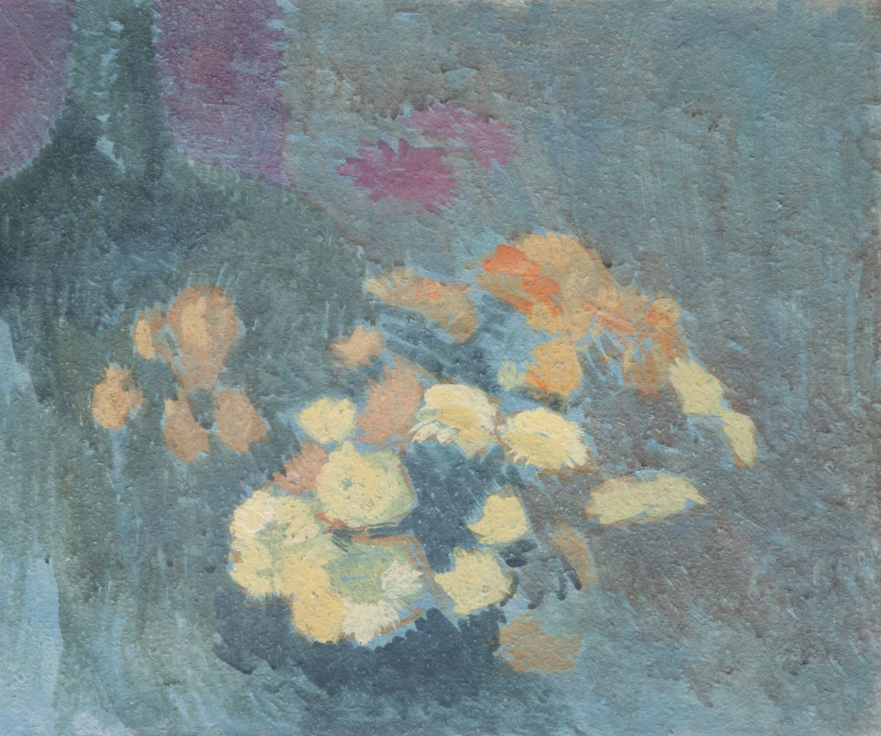 Sys M.  | Maurice Sys | Aquarellen en tekeningen te koop aangeboden | Stilleven van gele en oranje bloemen, gouache op board 40,8 x 50,5 cm