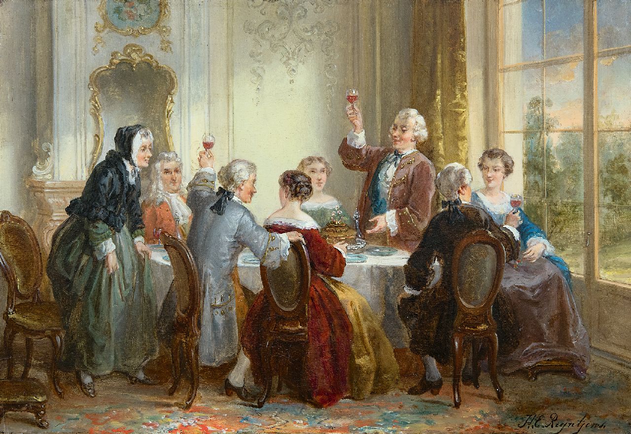 Reijntjens H.E.  | Henricus Engelbertus Reijntjens, Het verlovingsdiner, olieverf op paneel 22,9 x 33,5 cm, gesigneerd rechtsonder