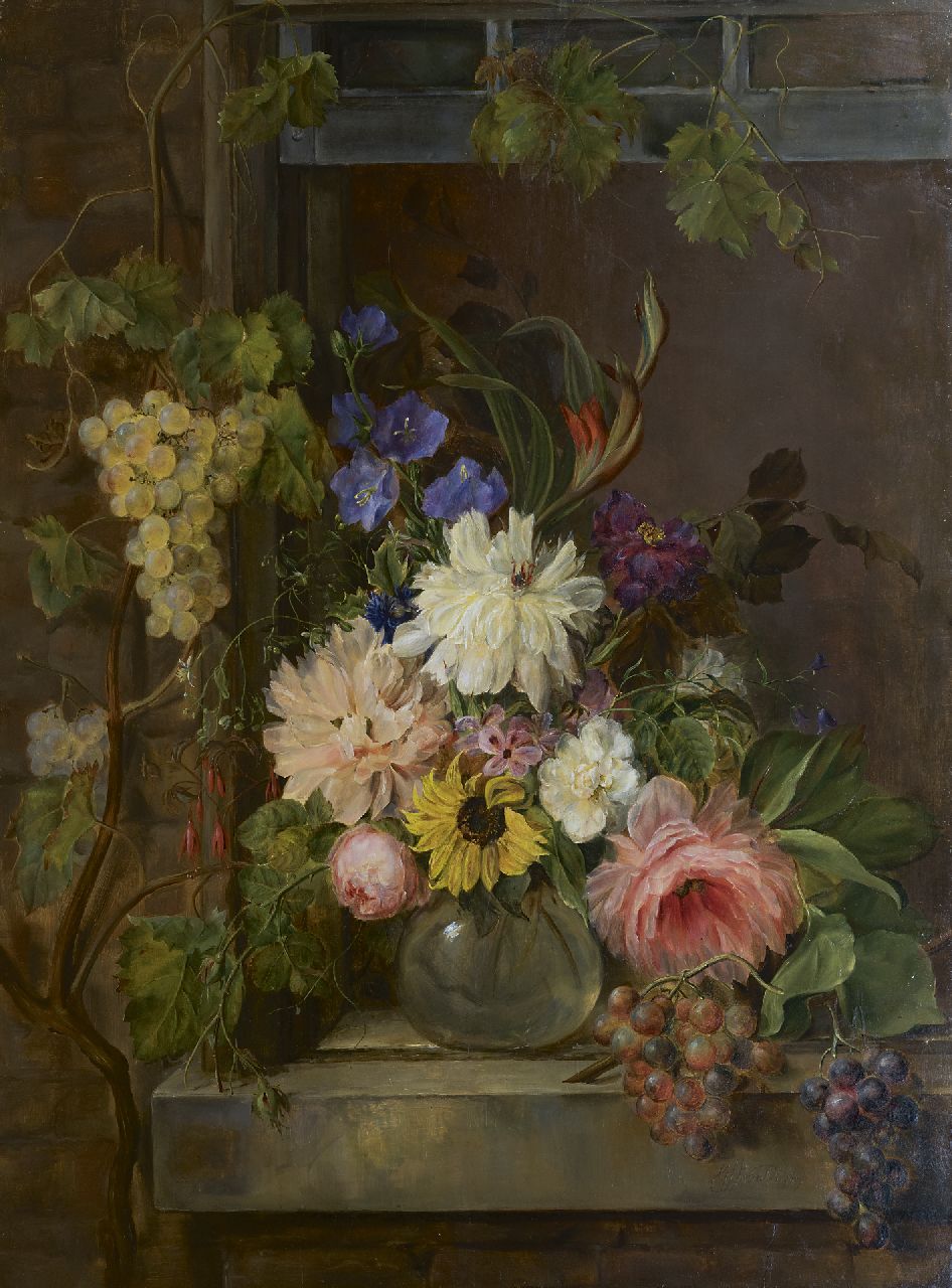 Os G.J.J. van | Georgius Jacobus Johannes van Os | Schilderijen te koop aangeboden | Stilleven met bloemen en druiven, olieverf op paneel 97,0 x 75,5 cm, gesigneerd rechtsonder en gedateerd 1809