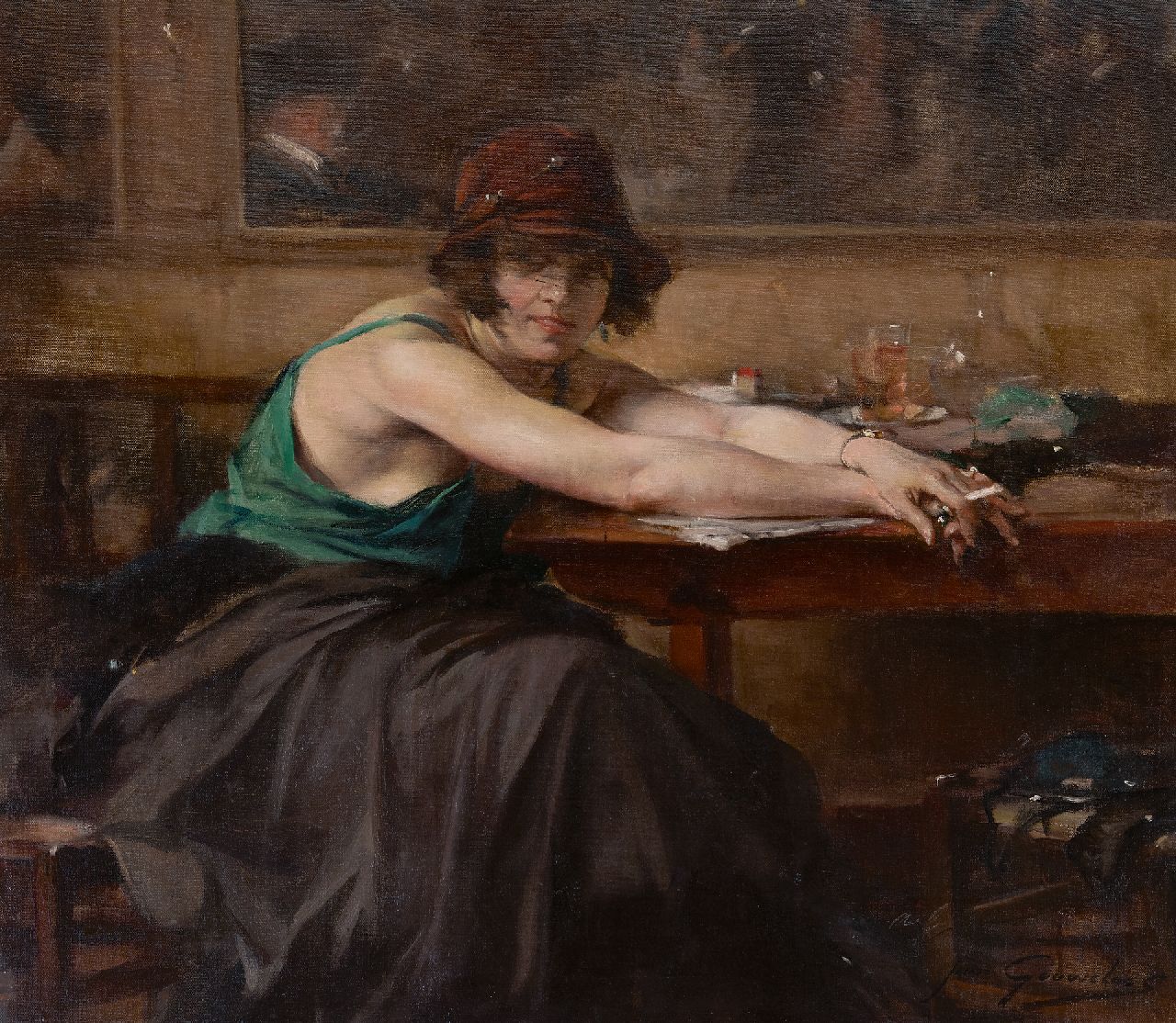 Gouweloos J.L.H.  | 'Jean' Léon Henri Gouweloos, Vrouw aan cafétafel, olieverf op doek 70,5 x 80,4 cm, gesigneerd rechtsonder