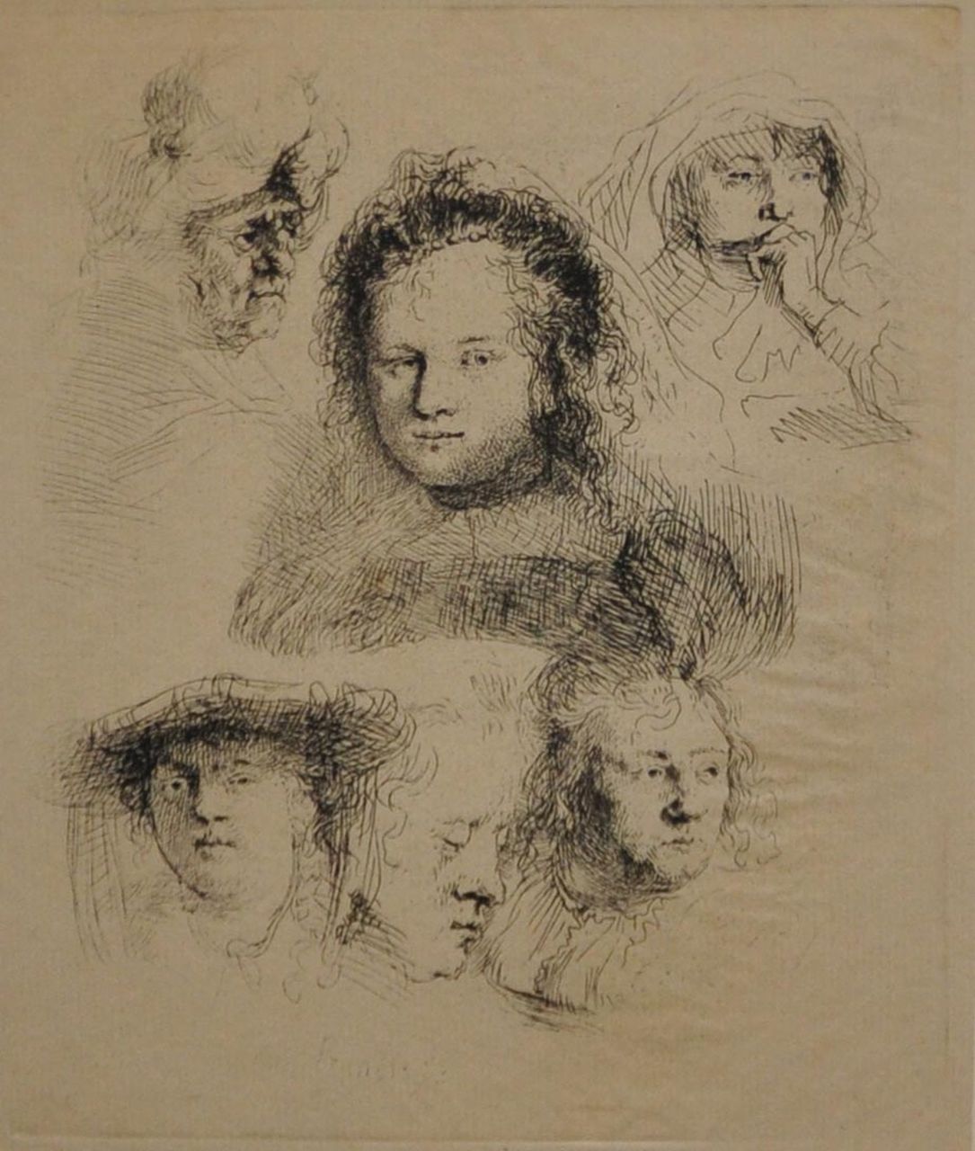 Rembrandt (Rembrandt Harmensz. van Rijn)   | Rembrandt (Rembrandt Harmensz. van Rijn), Studies van Saskia en anderen, ets 15,1 x 12,6 cm, gesigneerd linksonder in de  plaat en gedateerd 1636 in de plaat