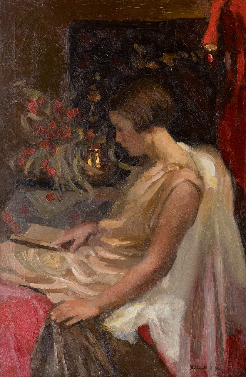 Goedhart J.C.A.  | 'Jan' Catharinus Adriaan Goedhart, Lezende jonge vrouw, olieverf op doek 85,3 x 56,0 cm, gesigneerd rechtsonder en gedateerd 1929