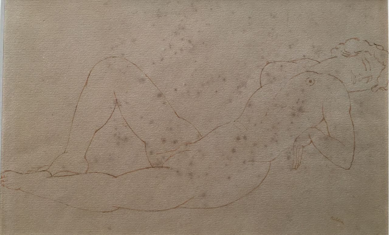 Kelder A.B.  | Antonius Bernardus 'Toon' Kelder | Aquarellen en tekeningen te koop aangeboden | Liggend naakt, pen en inkt op papier (op board) 19,6 x 29,8 cm, gesigneerd rechtsonder