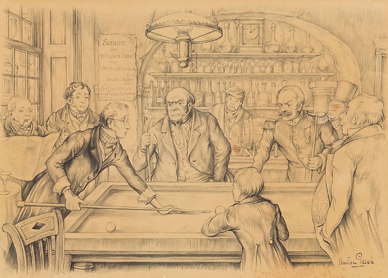 Pieck A.F.  | 'Anton' Franciscus Pieck, Het biljartspel, potlood op papier 15,5 x 22,0 cm, gesigneerd rechtsonder