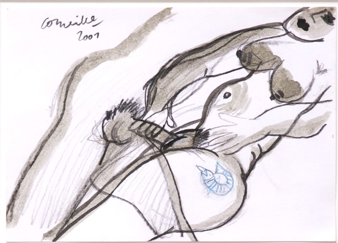 Corneille ('Corneille' Guillaume Beverloo)   | Corneille ('Corneille' Guillaume Beverloo) | Aquarellen en tekeningen te koop aangeboden | Faire l'amour, inkt, krijt en aquarel op papier 14,8 x 20,7 cm, gesigneerd linksboven en gedateerd 2001