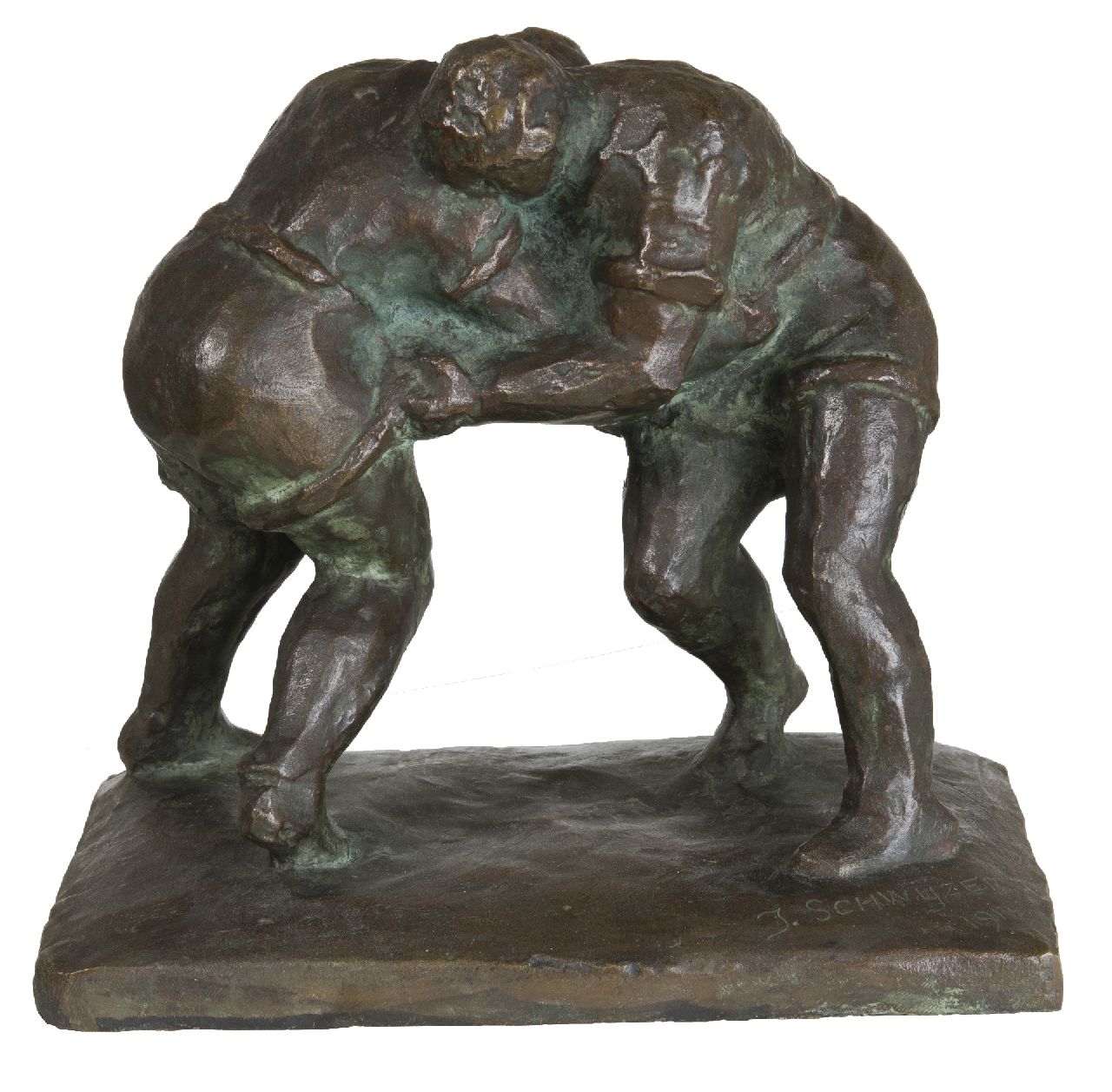 Schwyzer J.  | Julius Schwyzer | Beelden en objecten te koop aangeboden | Worstelaars, brons 23,0 x 25,0 cm, gesigneerd op basis en gedateerd 1917