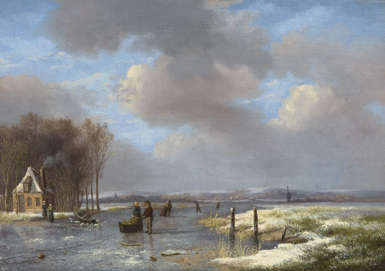 Roosenboom N.J.  | Nicolaas Johannes Roosenboom, Winters rivierlandschap met schaatsers, olieverf op paneel 21,4 x 30,6 cm, gesigneerd linksonder