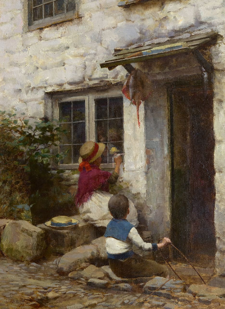 Burrington A.A.  | Arthur Alfred Burrington | Schilderijen te koop aangeboden | Achter het raam, olieverf op doek 44,5 x 33,2 cm, gesigneerd linksonder en gedateerd 1888