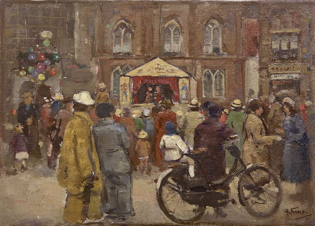 Fresco A. | Abraham Fresco, De poppenkast op de Dam, Amsterdam, olieverf op doek 25,3 x 35,4 cm, gesigneerd rechtsonder Fresco A. | Abraham Fresco, De poppenkast op de Dam, Amsterdam, olieverf op doek 25,3 x 35,4 cm, gesigneerd rechtsonder
