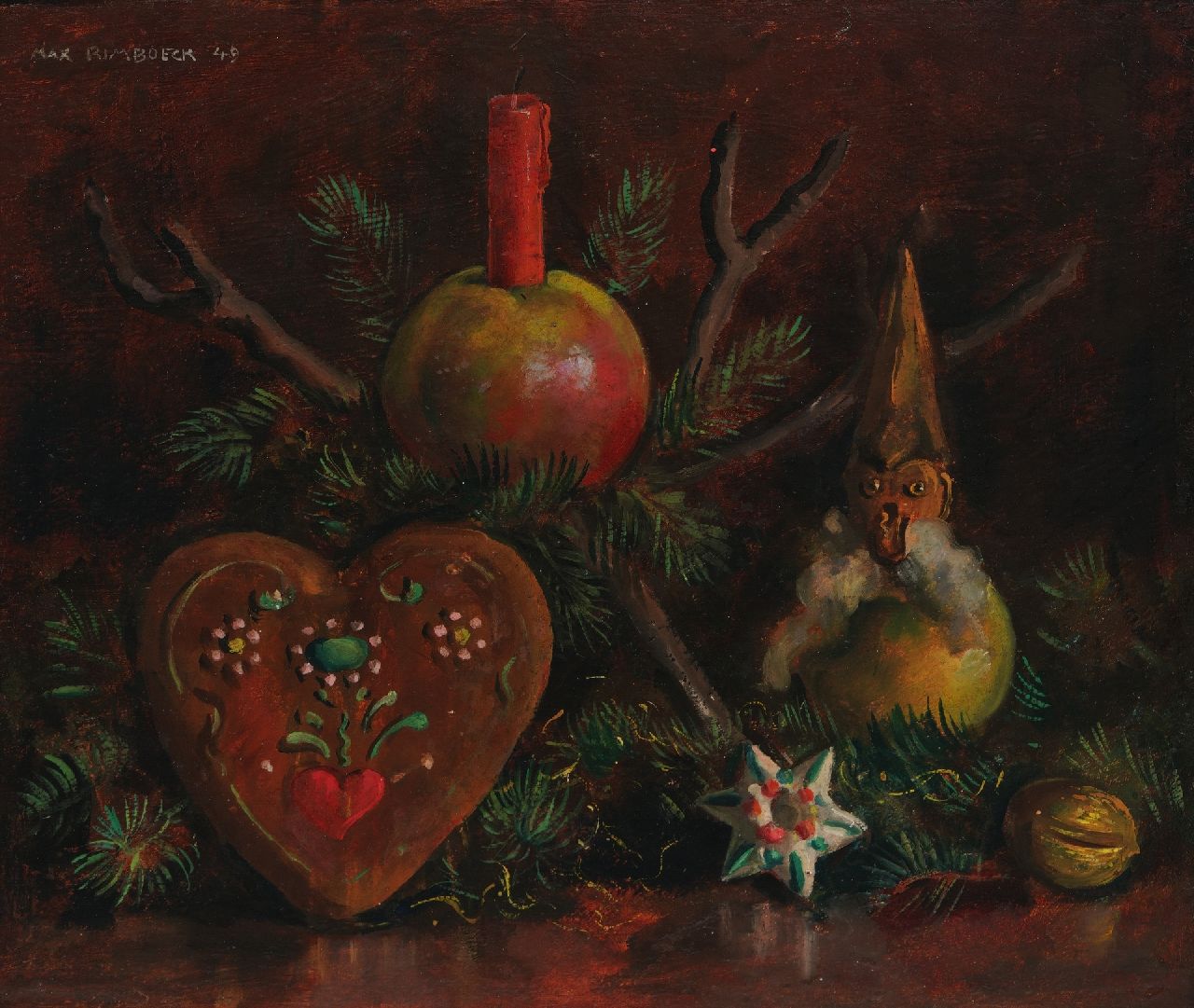 Rimböck M.  | Max Rimböck | Schilderijen te koop aangeboden | Kerststilleven, olieverf op schildersboard 29,4 x 35,3 cm, gesigneerd linksboven en gedateerd '49