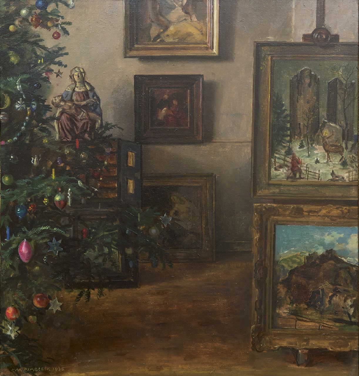 Rimböck M.  | Max Rimböck | Schilderijen te koop aangeboden | Kerstinterieur, olieverf op asbest 61,3 x 58,3 cm, gesigneerd linksonder en gedateerd 1936