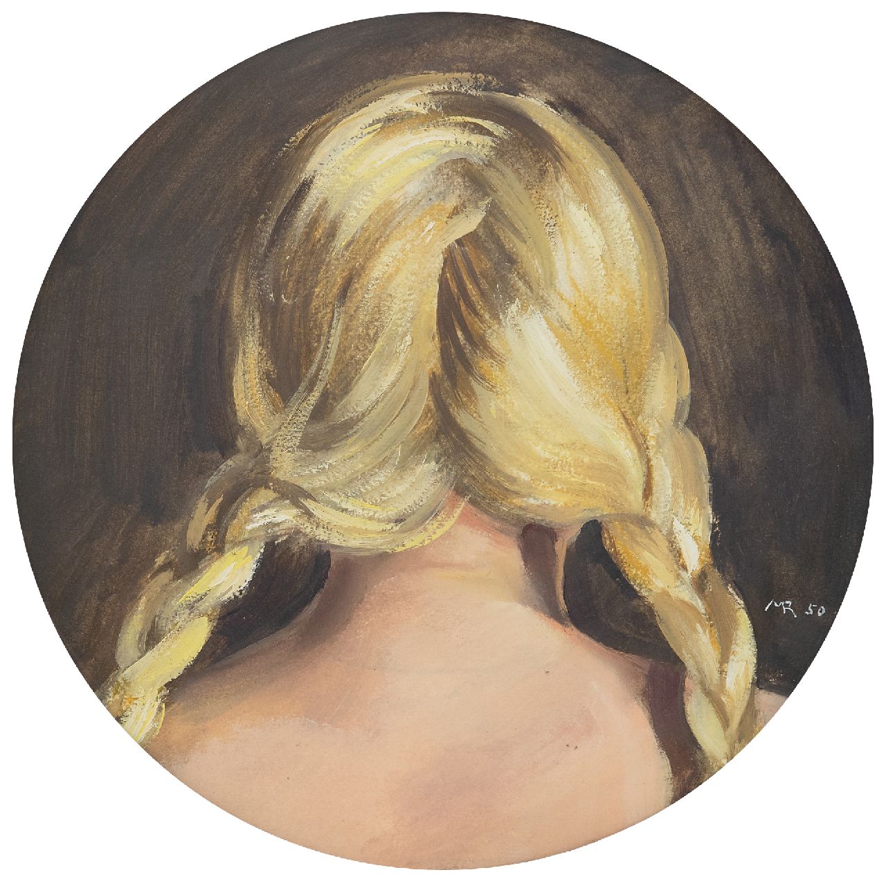 Rimböck M.  | Max Rimböck | Schilderijen te koop aangeboden | Meisje met blonde vlechten, op de rug gezien, olieverf op papier 21,0, gesigneerd rechtsonder met monogram en gedateerd '50