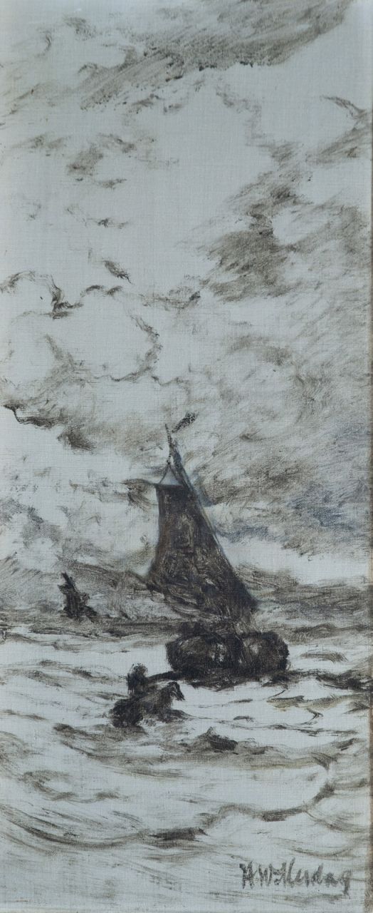Mesdag H.W.  | Hendrik Willem Mesdag, Lijnhaalder en bomschuit in de branding, olieverf op doek 61,4 x 26,6 cm, gesigneerd rechtsonder en te dateren ca. 1909