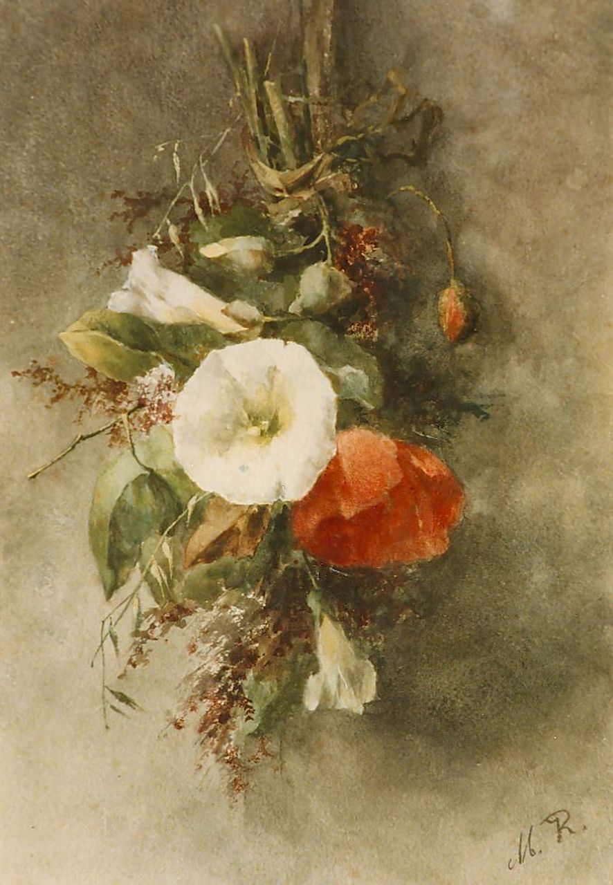 Roosenboom M.C.J.W.H.  | 'Margaretha' Cornelia Johanna Wilhelmina Henriëtta Roosenboom, Hangend boeket met haagwinde en klaproosjes, aquarel op papier 35,0 x 25,0 cm, gesigneerd rechtsonder monogram