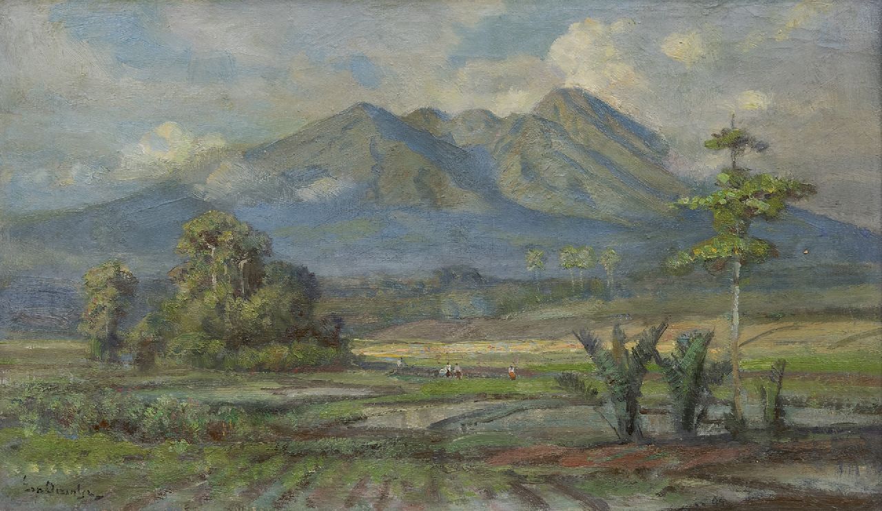 Dezentjé E.  | Ernest Dezentjé, Gezicht op de Goenoeng Salak, Java, olieverf op doek 29,3 x 49,5 cm, gesigneerd linksonder en gedateerd op spieraam 4/6/'51