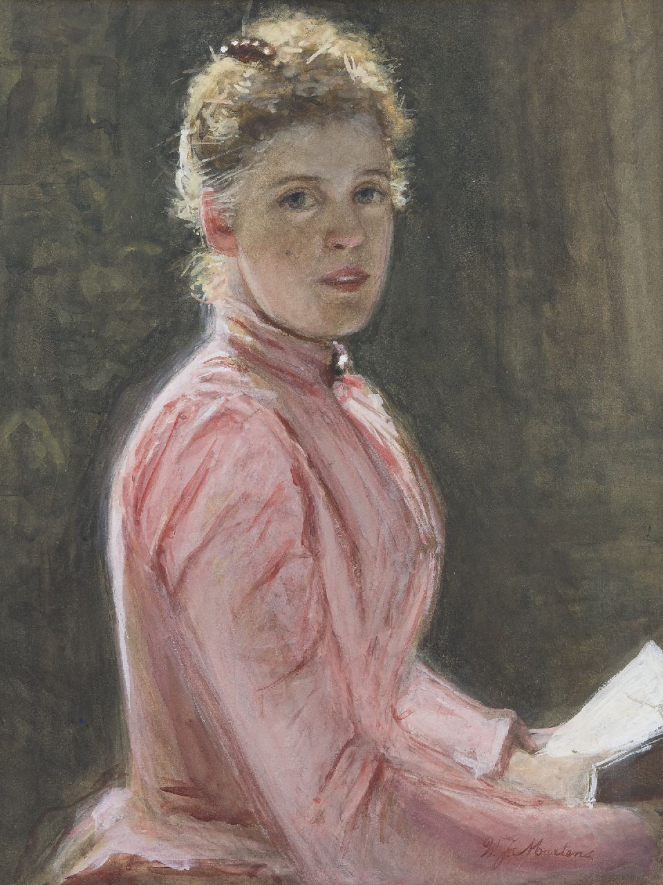 Martens W.J.  | Willem Johann Martens, Zittende vrouw met opgestoken haar, aquarel op papier 49,2 x 37,2 cm, gesigneerd rechtsonder