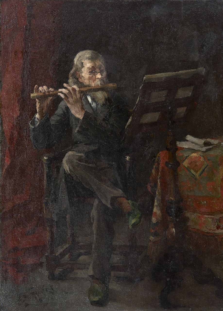 Eduard Frankfort | De fluitspeler, olieverf op doek, 72,0 x 51,8 cm, gesigneerd l.o. en gedateerd '90