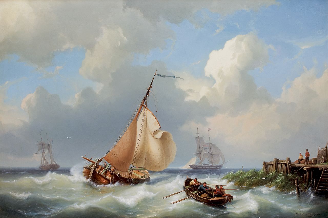 Cornelis Christiaan Dommelshuizen | Zeilschepen voor de kust bij stormachtig weer, olieverf op doek, 56,3 x 83,0 cm, gesigneerd r.o. en gedateerd 1861