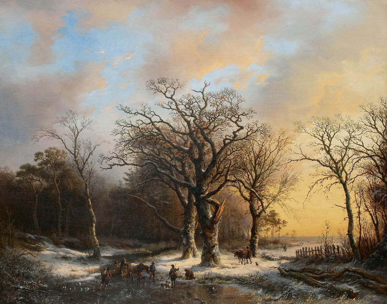 Bodeman W.  | Willem Bodeman, Ontmoeting op het ijs bij zonsondergang, olieverf op doek 84,6 x 106,3 cm, gesigneerd rechtsonder 'Bodeman' (landschap) en 'EV' op de ton en te dateren ca. 1846