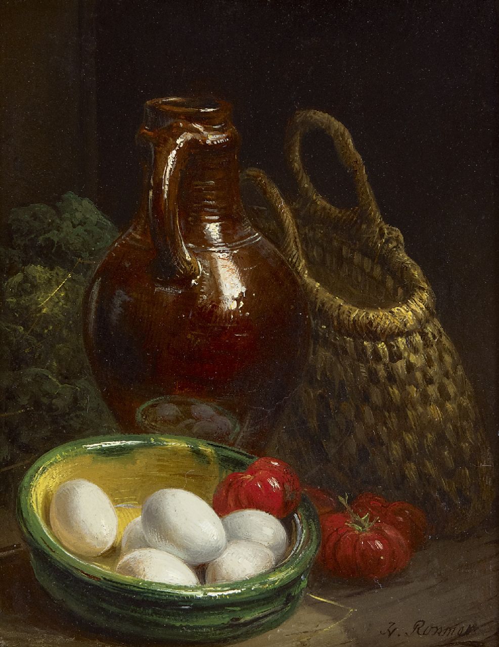 Ronner-Knip H.  | Henriette Ronner-Knip, Stilleven met eieren, tomaten en aardewerk, olieverf op paneel 18,9 x 14,6 cm, gesigneerd rechtsonder