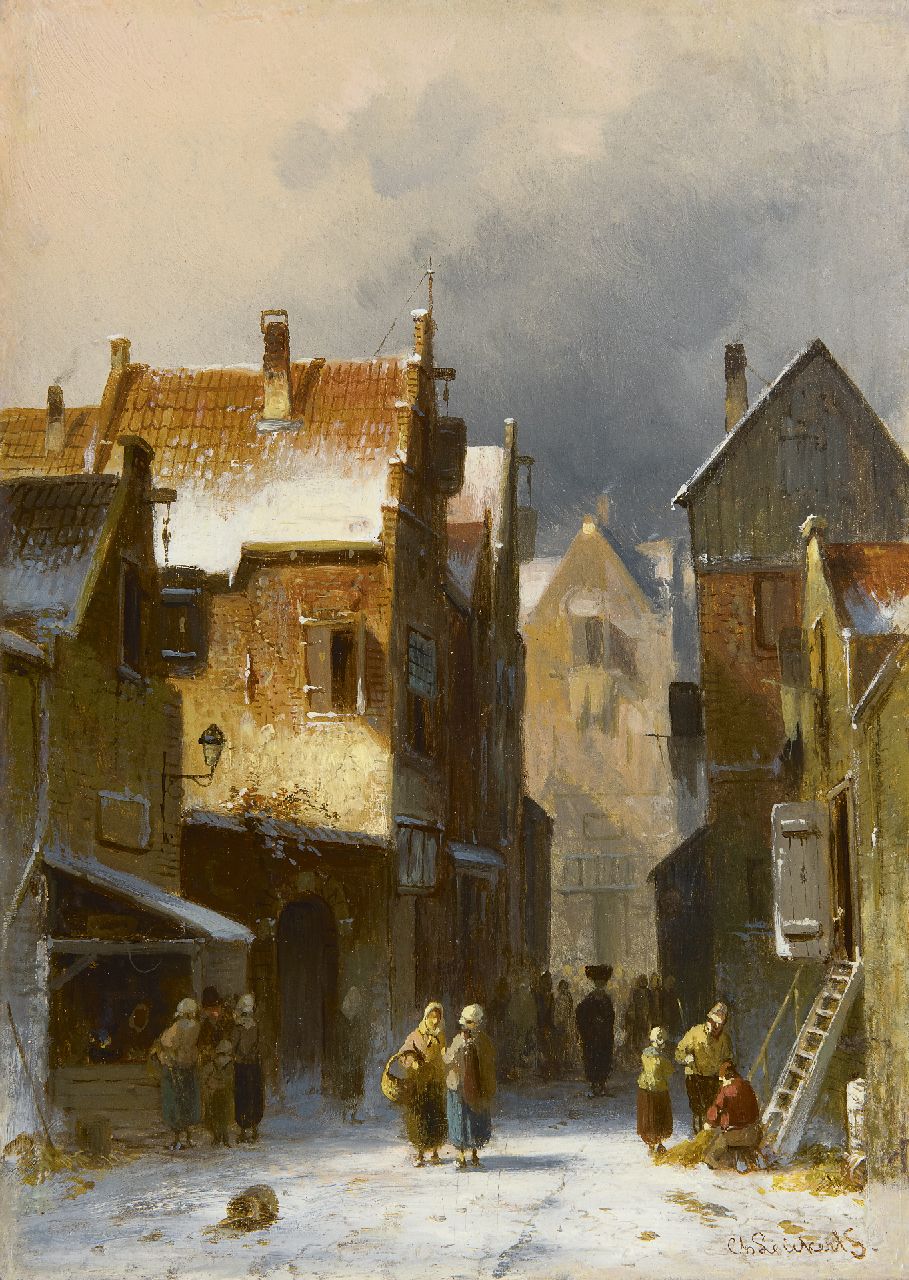 Leickert C.H.J.  | 'Charles' Henri Joseph Leickert, Drukbevolkt straatje in de winter, olieverf op paneel 27,1 x 19,3 cm, gesigneerd rechtsonder