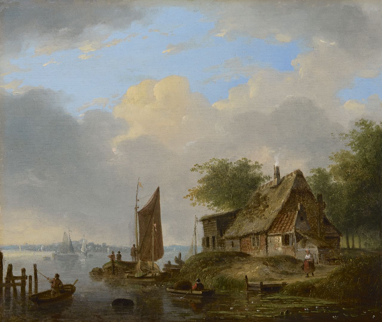 Stok J. van der | Jacobus van der Stok, Zomers rivierlandschap, olieverf op paneel 26,6 x 31,7 cm