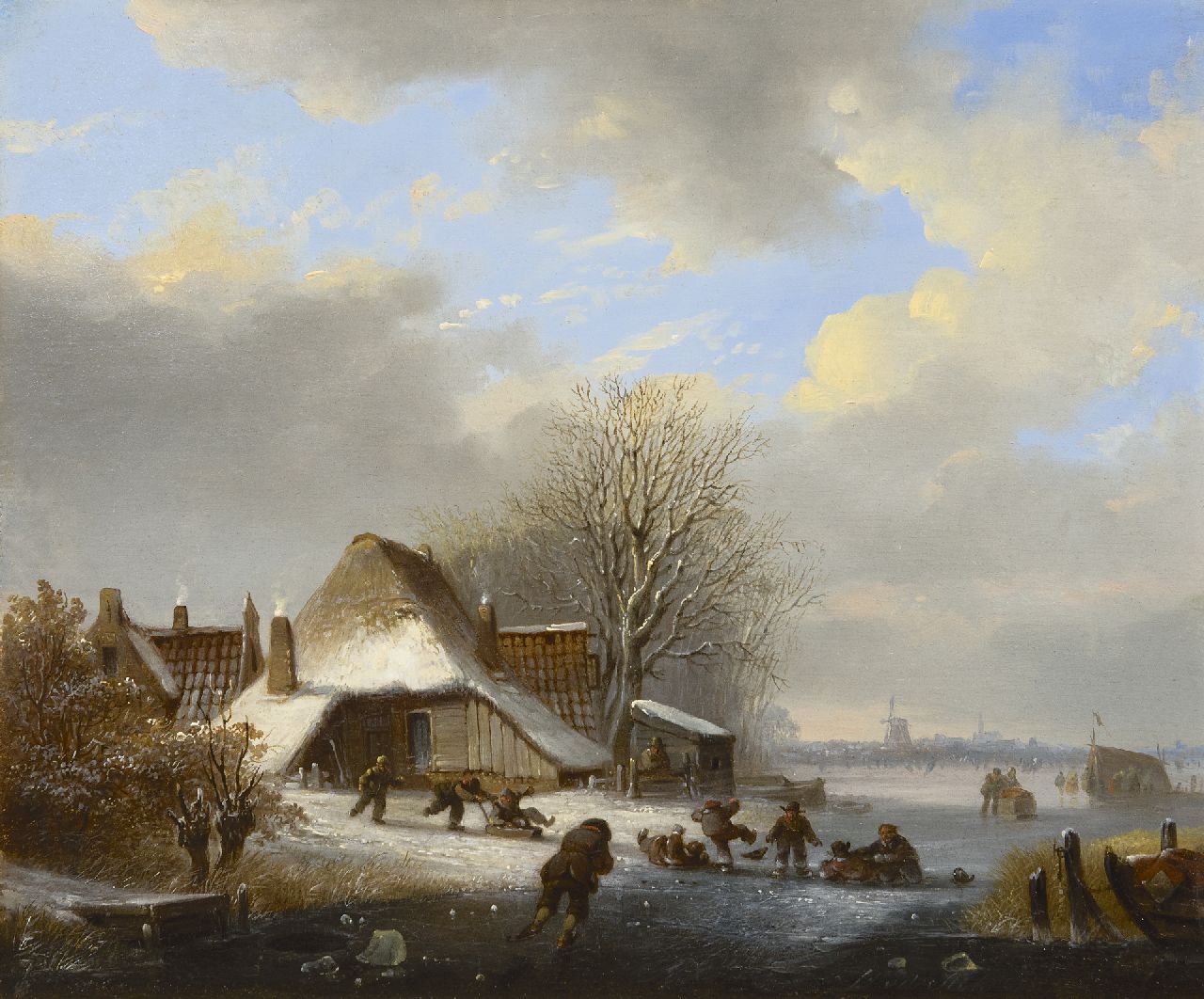 Stok J. van der | Jacobus van der Stok, Schaatspret op een bevroren rivier, olieverf op paneel 26,3 x 31,9 cm, gesigneerd rechtsonder