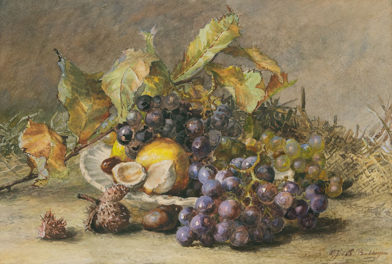 Sande Bakhuyzen G.J. van de | 'Gerardine' Jacoba van de Sande Bakhuyzen | Aquarellen en tekeningen te koop aangeboden | Stilleven met druiven en kastanjes, aquarel op papier 34,5 x 50,3 cm, gesigneerd rechtsonder