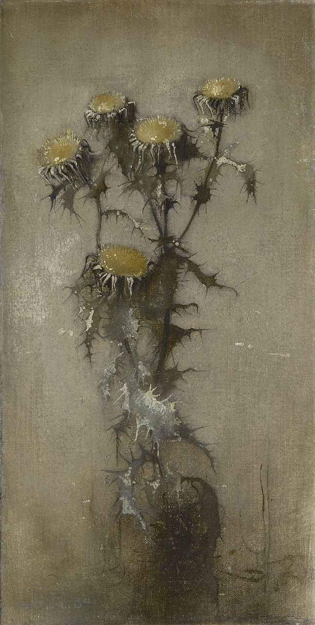 Hoboken J. van | Jacoba 'Jemmy' van Hoboken, Distel, olieverf op doek op paneel 25,8 x 13,1 cm, gesigneerd linksonder (onduidelijk) en gedateerd '34