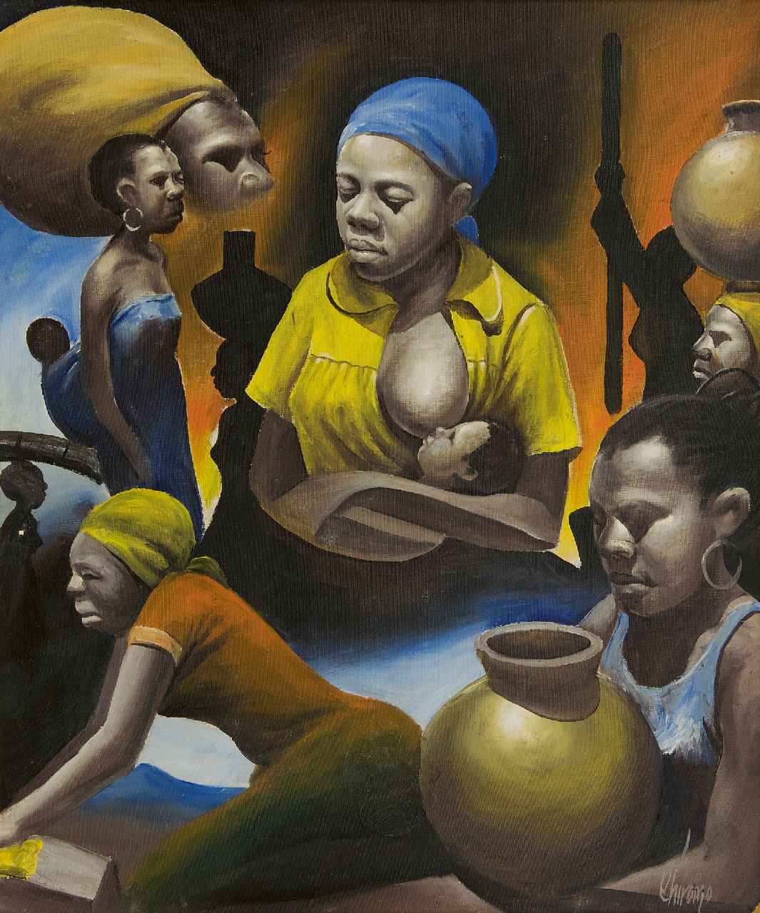 Chiromo K.  | Kay Chiromo | Schilderijen te koop aangeboden | Afrikaanse vrouwen, olieverf op doek 54,6 x 45,5 cm, gesigneerd rechtsonder en verso gedateerd '79