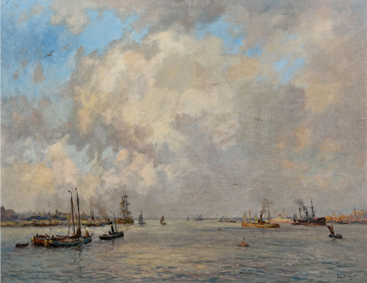 Moll E.  | Evert Moll | Schilderijen te koop aangeboden | Scheepvaart onder hoge wolkenlucht, olieverf op doek 72,2 x 92,7 cm, gesigneerd rechtsonder