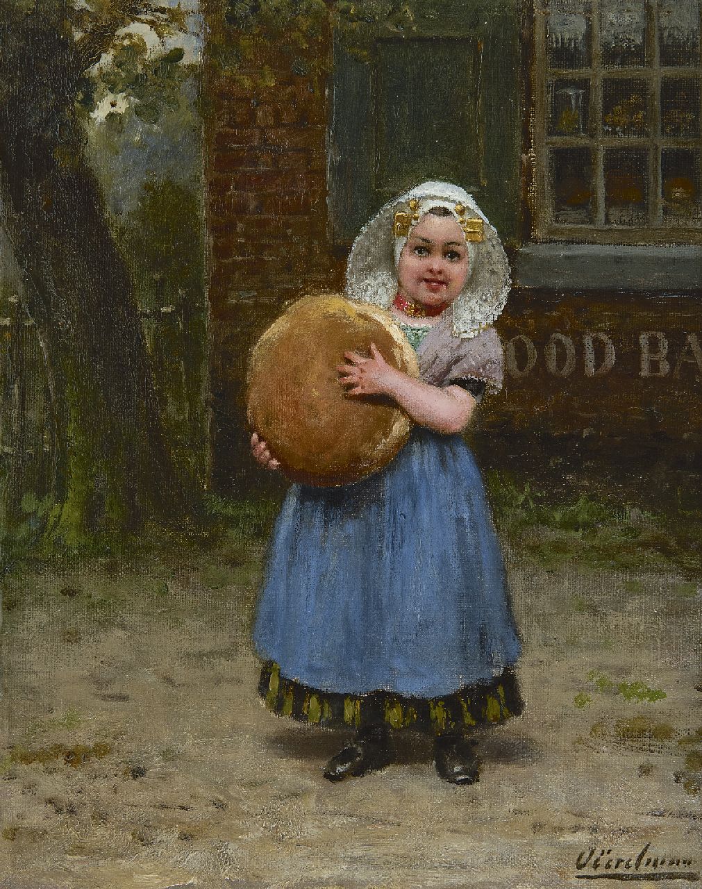 Eerelman O.  | Otto Eerelman, Zeeuws meisje met vers brood, olieverf op doek 31,8 x 26,1 cm, gesigneerd rechtsonder