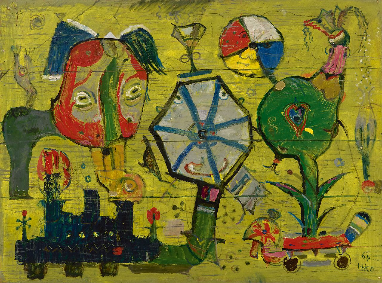 Kamerlingh Onnes H.H.  | 'Harm' Henrick Kamerlingh Onnes, Kinderschilderij op schutting, olieverf op board 44,8 x 60,2 cm, gesigneerd rechtsonder met monogram en gedateerd '69
