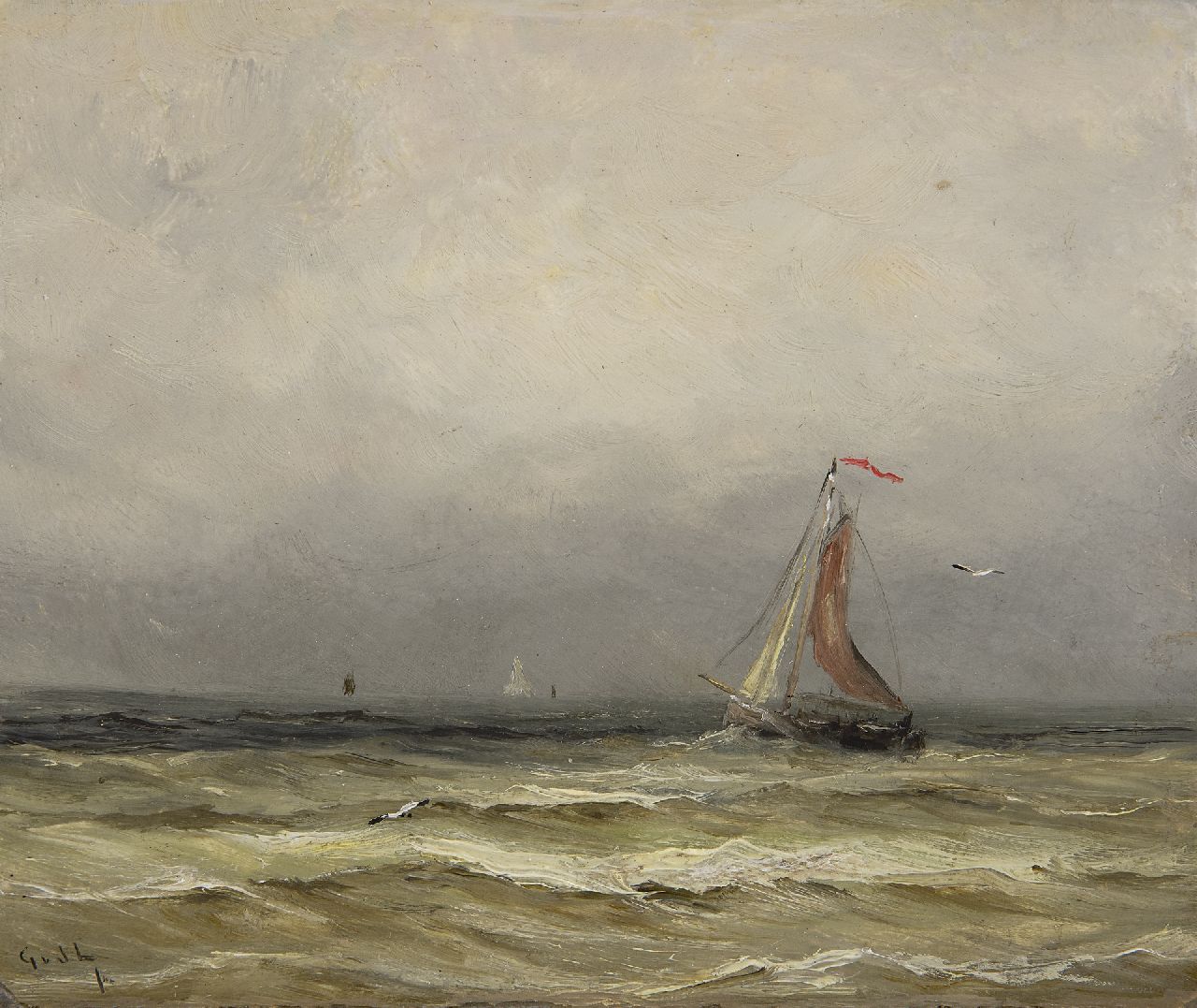 Laan G. van der | Gerard van der Laan, Scheveningse bomschuit op zee, olieverf op schildersboard 15,7 x 18,6 cm, gesigneerd linksonder met initialen