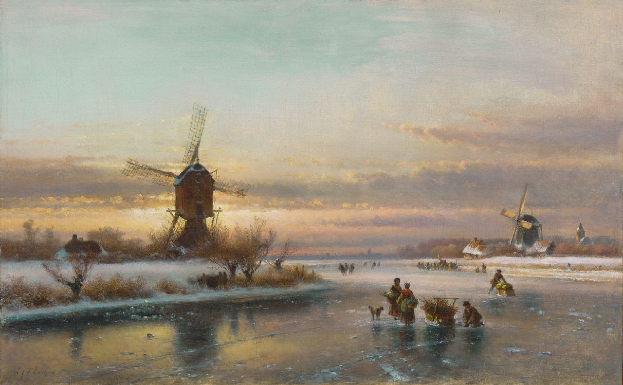 Kleijn L.J.  | Lodewijk Johannes Kleijn, Winterlandschap met schaatsers bij een molen, olieverf op doek 50,1 x 80,0 cm, gesigneerd linksonder