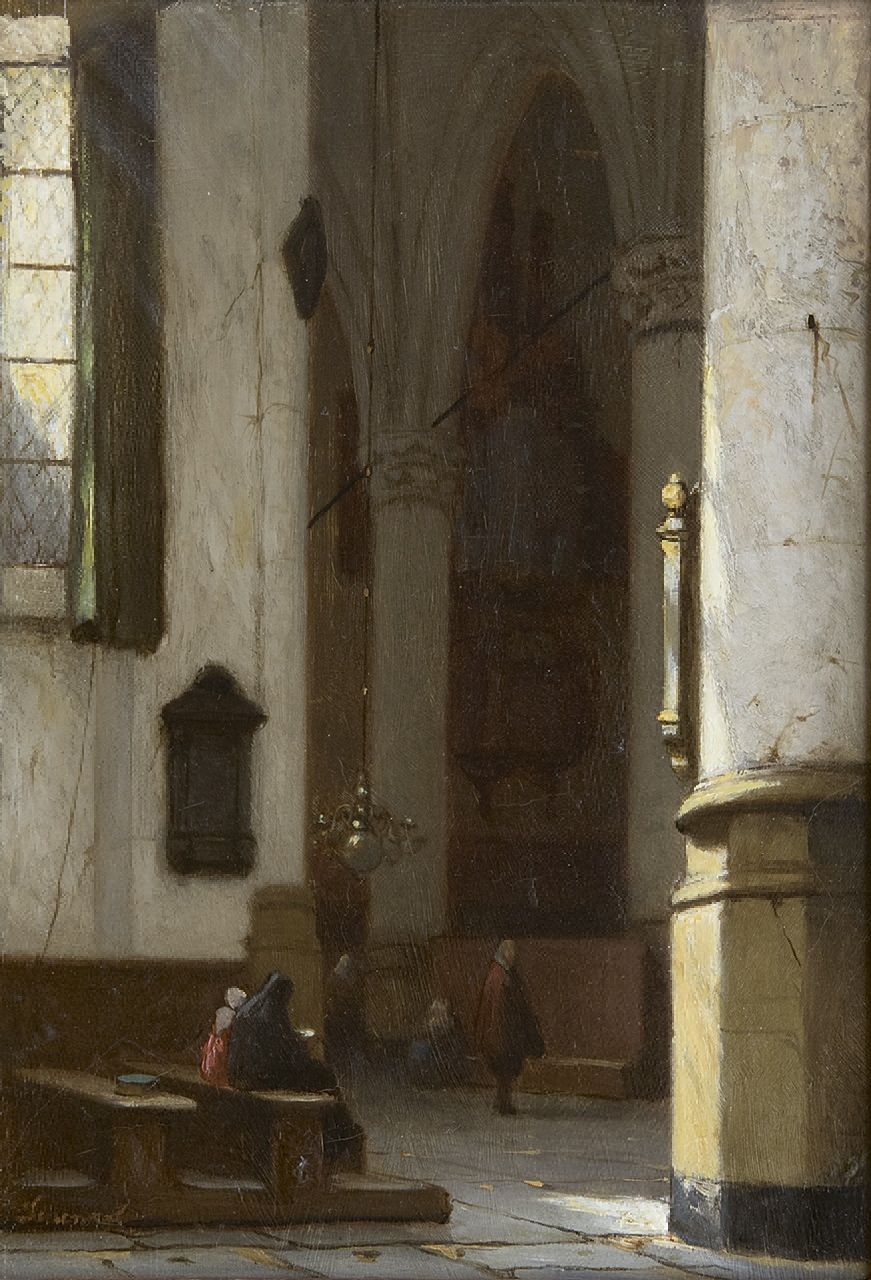 Schenkel J.J.  | Jan Jacob Schenkel, Interieur van de Hooglandse Kerk te Leiden, olieverf op paneel 21,4 x 15,1 cm, gesigneerd linksonder