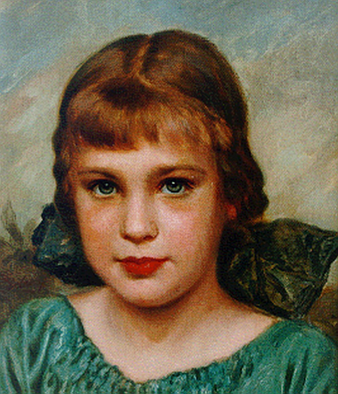 Erler F.  | Fritz Erler, Portret van een jong meisje met strik, olieverf op doek op paneel 32,0 x 28,0 cm, gesigneerd linksonder
