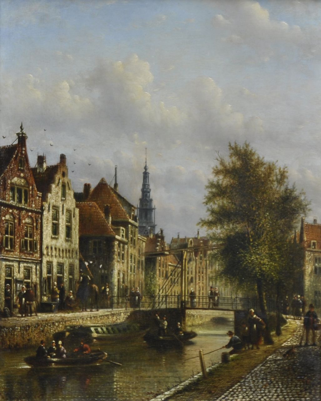 Spohler J.F.  | Johannes Franciscus Spohler, Gezicht op Amsterdam met de Zuiderkerkstoren, olieverf op paneel 26,9 x 21,2 cm, gesigneerd linksonder